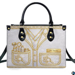 Dermatologist coat with gold dermatoscope, magnifying lens, and cosmetic vials on white handbag.