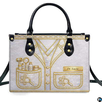 Dermatologist coat with gold dermatoscope, magnifying lens, and cosmetic vials on white handbag.