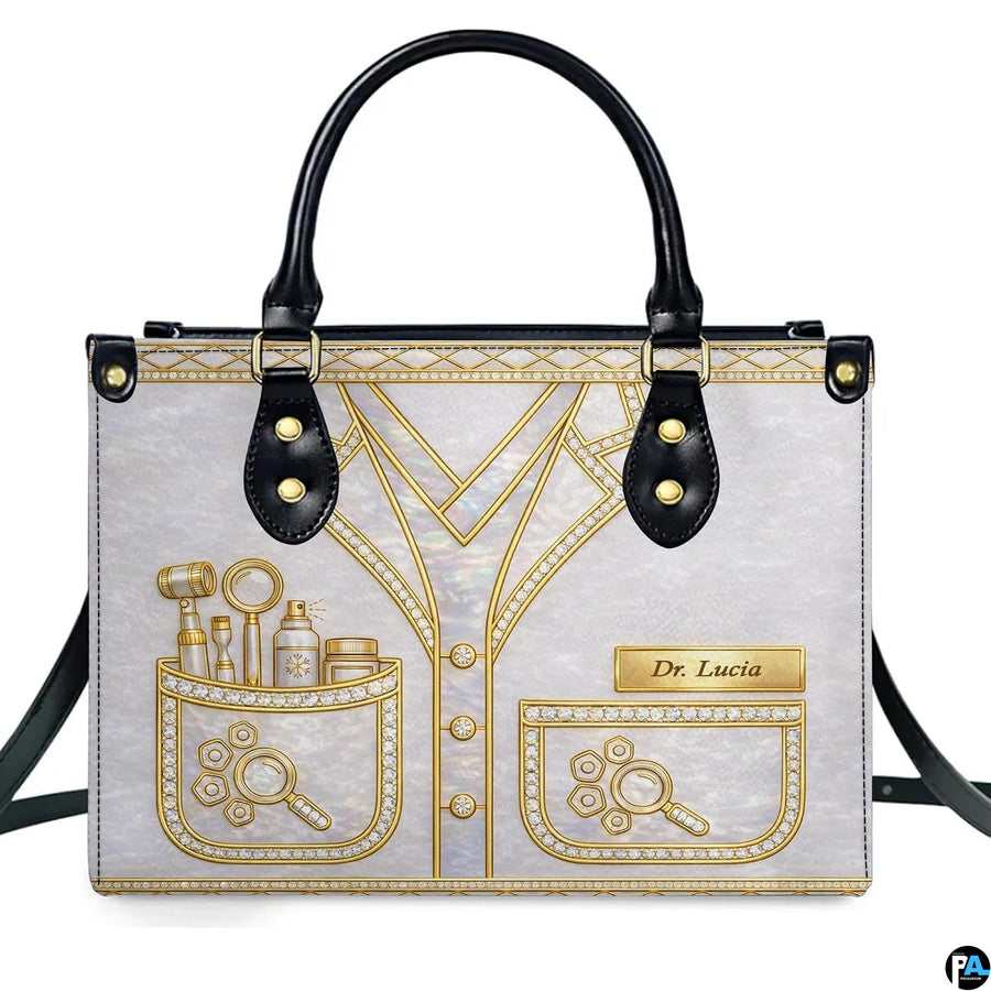 Dermatologist coat with gold dermatoscope, magnifying lens, and cosmetic vials on white handbag.