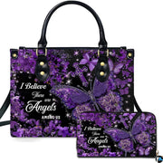 Purple hydrangea butterfly cross handbag and matching wallet set with glittering floral wings.