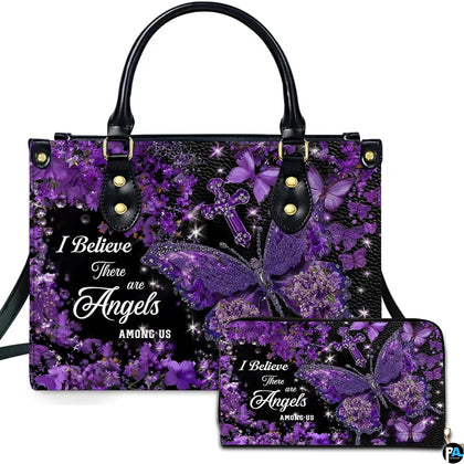 Purple hydrangea butterfly cross handbag and matching wallet set with glittering floral wings.