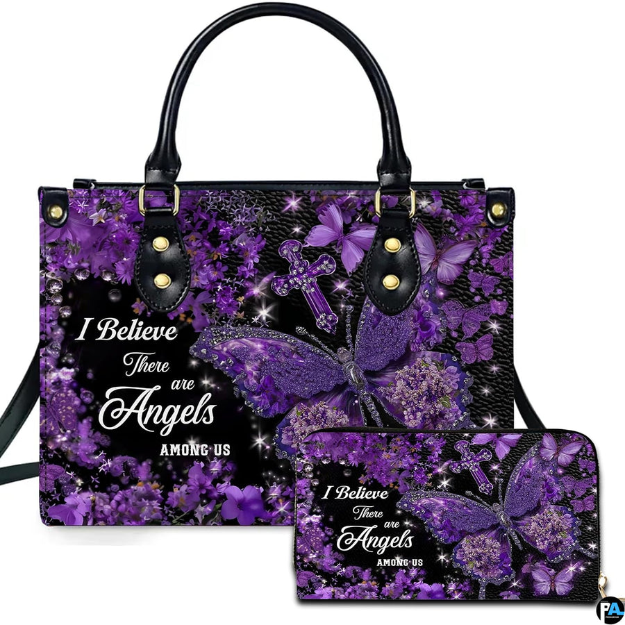 Purple hydrangea butterfly cross handbag and matching wallet set with glittering floral wings.