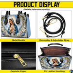 Back view of Madonna handbag featuring coordinated blue sky, floral vines, and marble columns