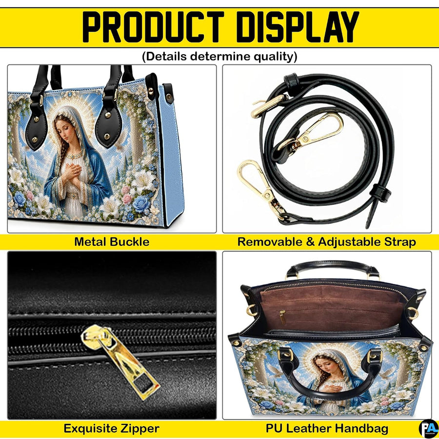 Back view of Madonna handbag featuring coordinated blue sky, floral vines, and marble columns