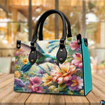 Back view of floral garden handbag showing continuous watercolor illustration on white background.