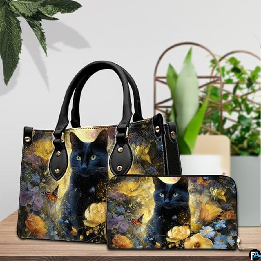 Black Cat Leather Bag – Vintage Cat Art Handbag, Stylish Animal-Themed Purse, Unique Gift for Cat Lovers