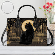 Straight-on studio view of black cat gothic art highlighting detailed golden surface texture.