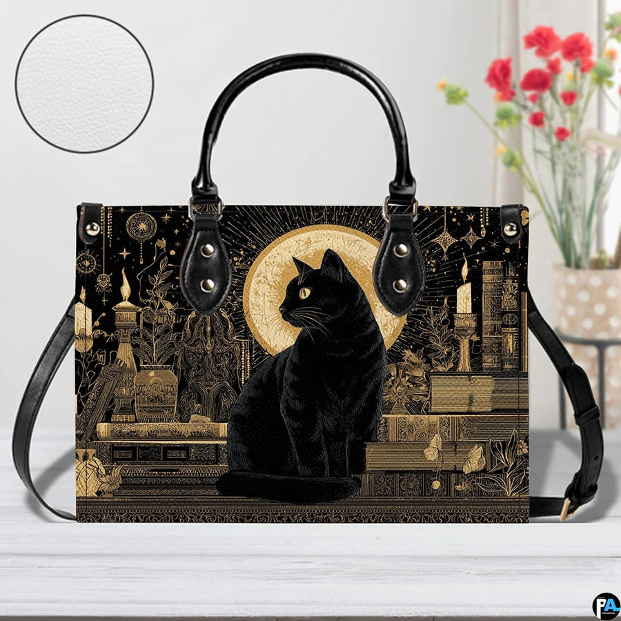 Straight-on studio view of black cat gothic art highlighting detailed golden surface texture.