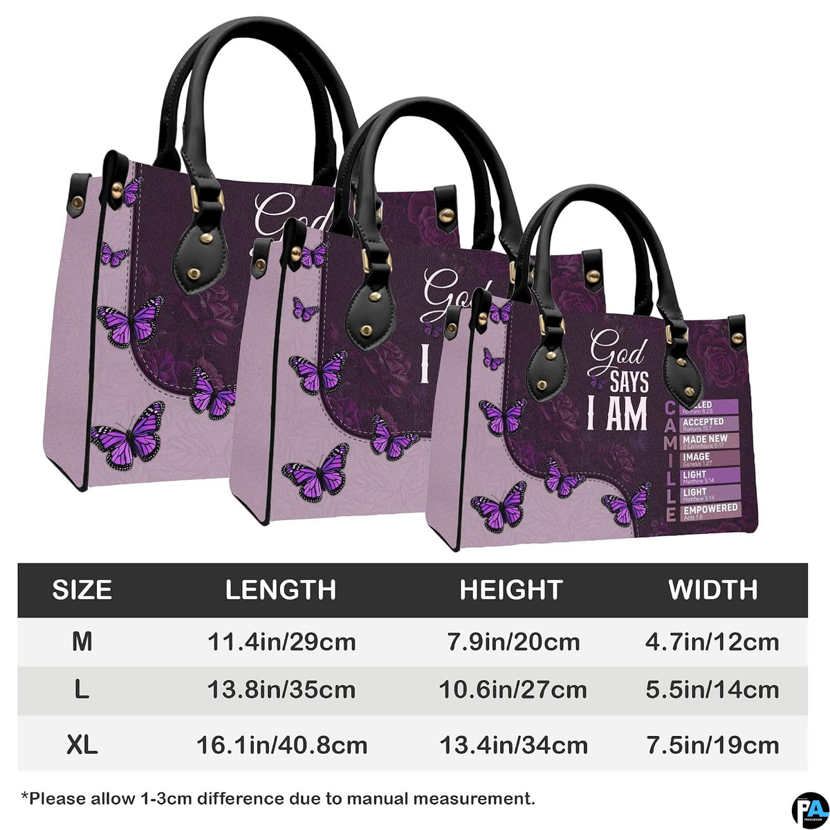 Complete display of purple faith butterfly handbag alongside coordinating printed wallet.