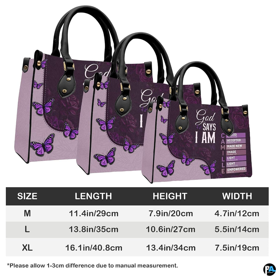 Complete display of purple faith butterfly handbag alongside coordinating printed wallet.