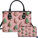 Front view of holiday accessory displaying iced Christmas tree sugar cookies and candy canes on pink