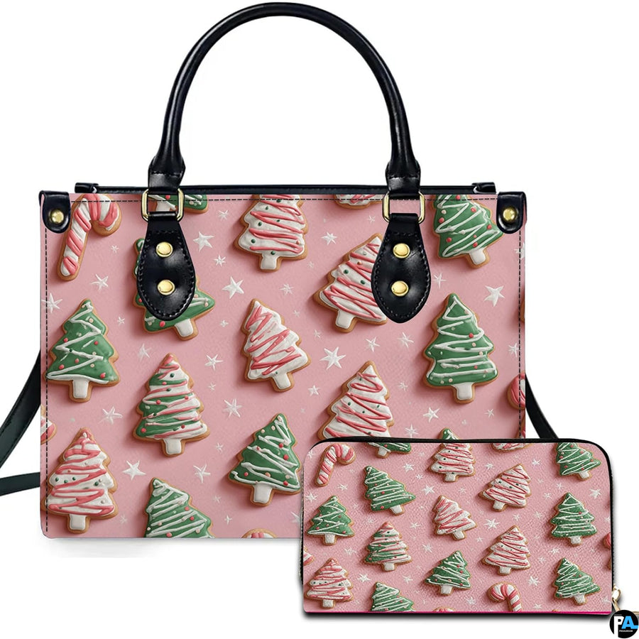 Front view of holiday accessory displaying iced Christmas tree sugar cookies and candy canes on pink