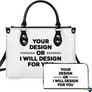 Graphic statement lettering handbag paired with matching companion wallet on clean white background.