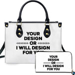 Graphic statement lettering handbag paired with matching companion wallet on clean white background.