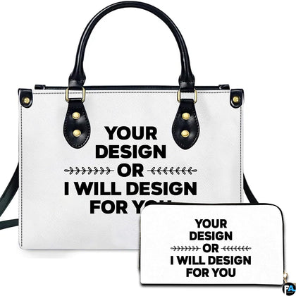 Graphic statement lettering handbag paired with matching companion wallet on clean white background.