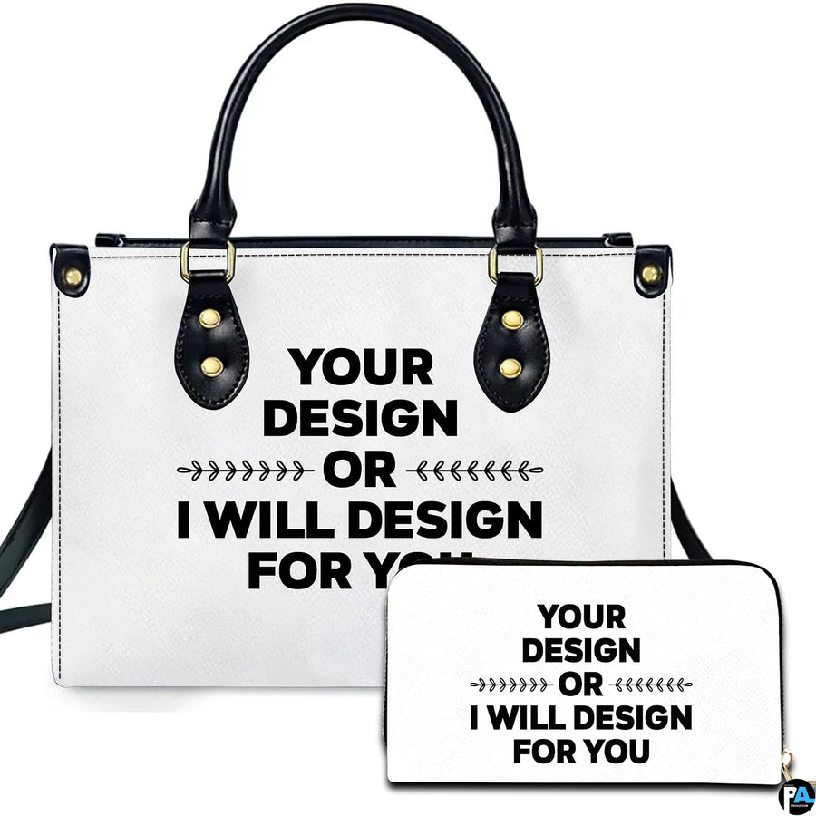 Graphic statement lettering handbag paired with matching companion wallet on clean white background.
