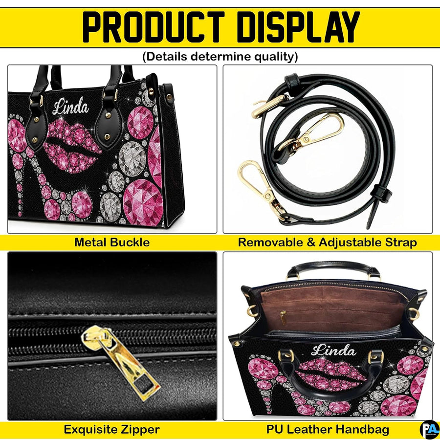 Four panel presentation illustrating buckle, closure, and interior compartment details.
