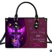 Illuminated winged cross graphic with violet roses beside stitched plum panel featuring devotional verse lettering.