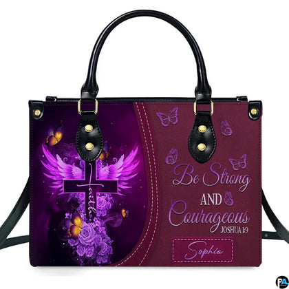 Illuminated winged cross graphic with violet roses beside stitched plum panel featuring devotional verse lettering.