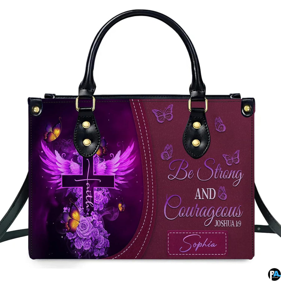 Illuminated winged cross graphic with violet roses beside stitched plum panel featuring devotional verse lettering.