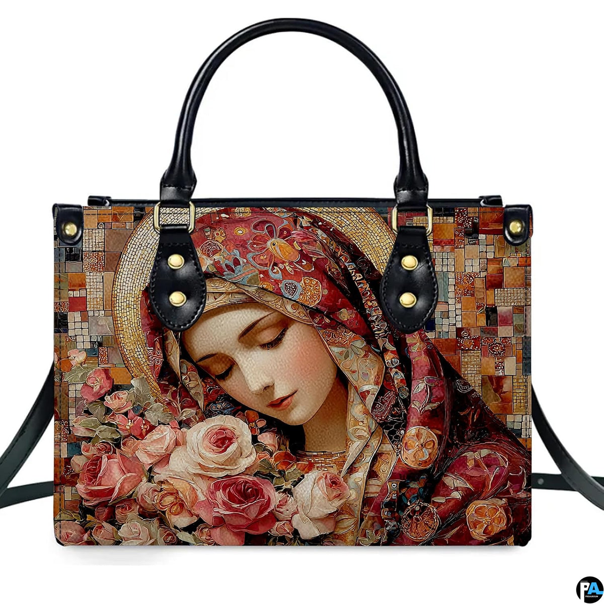 Front view of mosaic tile Virgin Mary illustration encircled by pastel garden roses.