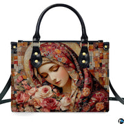 Front view of mosaic tile Virgin Mary illustration encircled by pastel garden roses.