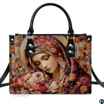 Front view of mosaic tile Virgin Mary illustration encircled by pastel garden roses.
