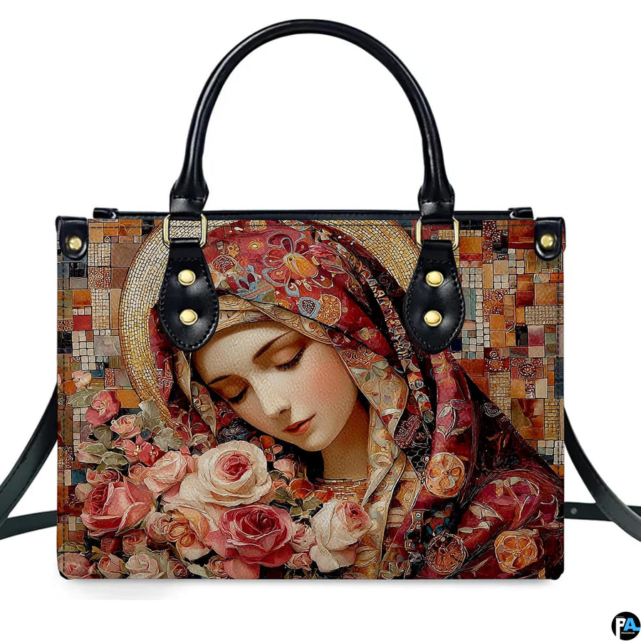 Front view of mosaic tile Virgin Mary illustration encircled by pastel garden roses.