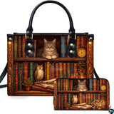 Tabby Cat and Owl Library Bookshelf Handbag and Wallet Set