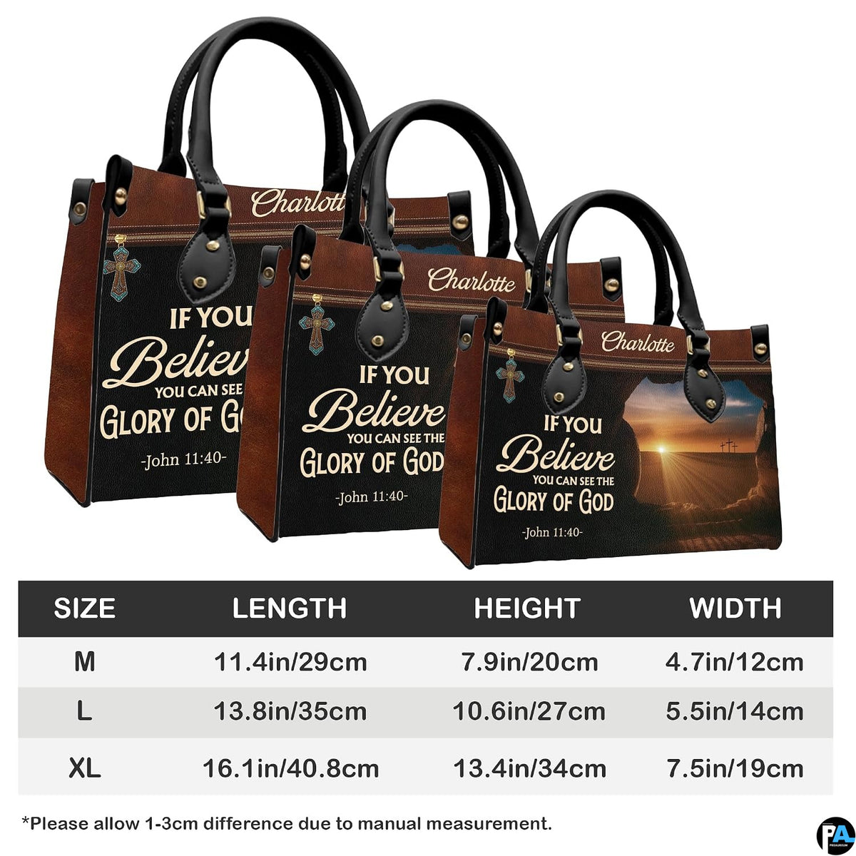 Dimensions diagram displaying sizing specifications for Easter sunrise handbag and matching wallet.
