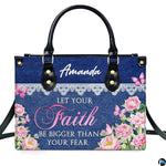 Angled view showing denim texture background and corner peony bouquet