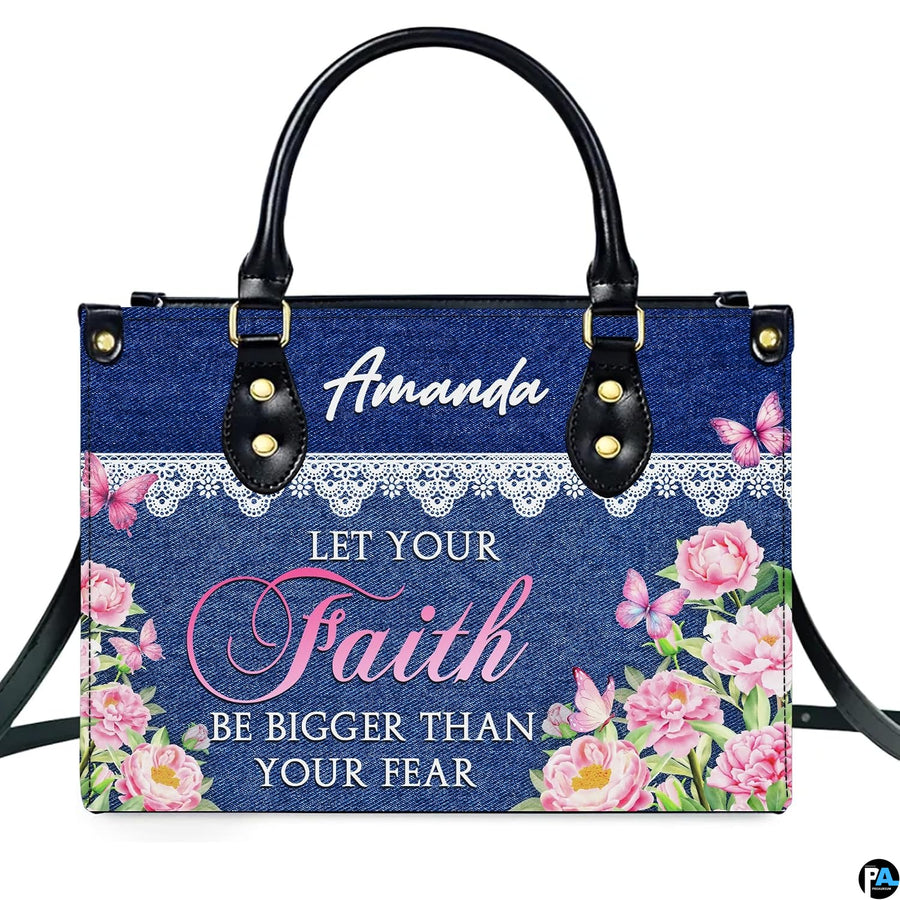 Angled view showing denim texture background and corner peony bouquet