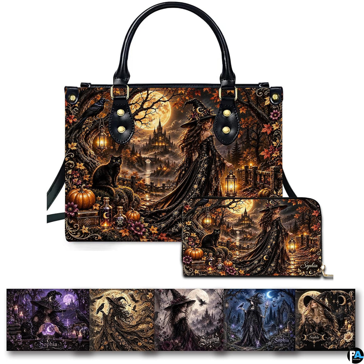 Gothic autumn witch castle harvest handbag and matching wallet set on white background.