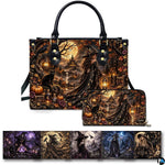 Gothic autumn witch castle harvest handbag and matching wallet set on white background.