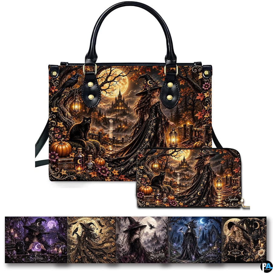 Gothic autumn witch castle harvest handbag and matching wallet set on white background.
