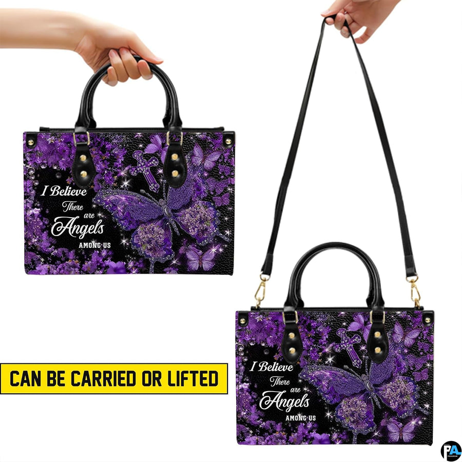 Purple hydrangea butterfly cross handbag paired with matching wallet in deep violet theme.