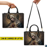 Illustration of top handle and shoulder strap carrying methods for Immaculate Heart handbag