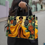 Outdoor street lifestyle display of the tropical golden dress art accessory held by dual handles.