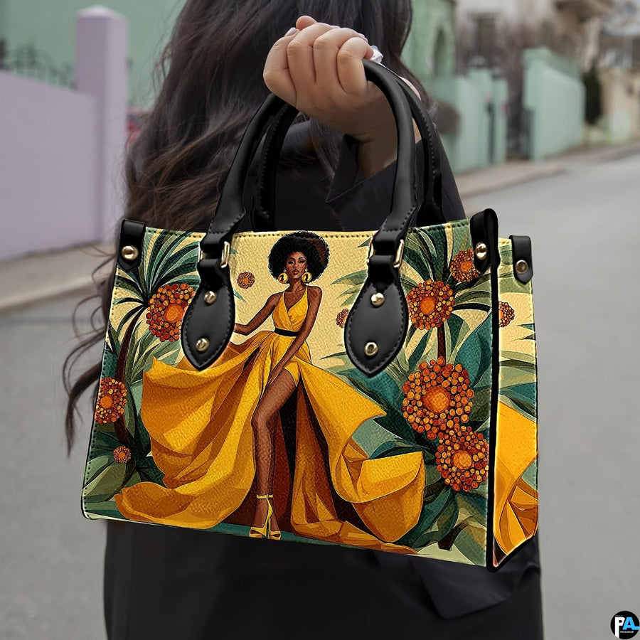Outdoor street lifestyle display of the tropical golden dress art accessory held by dual handles.