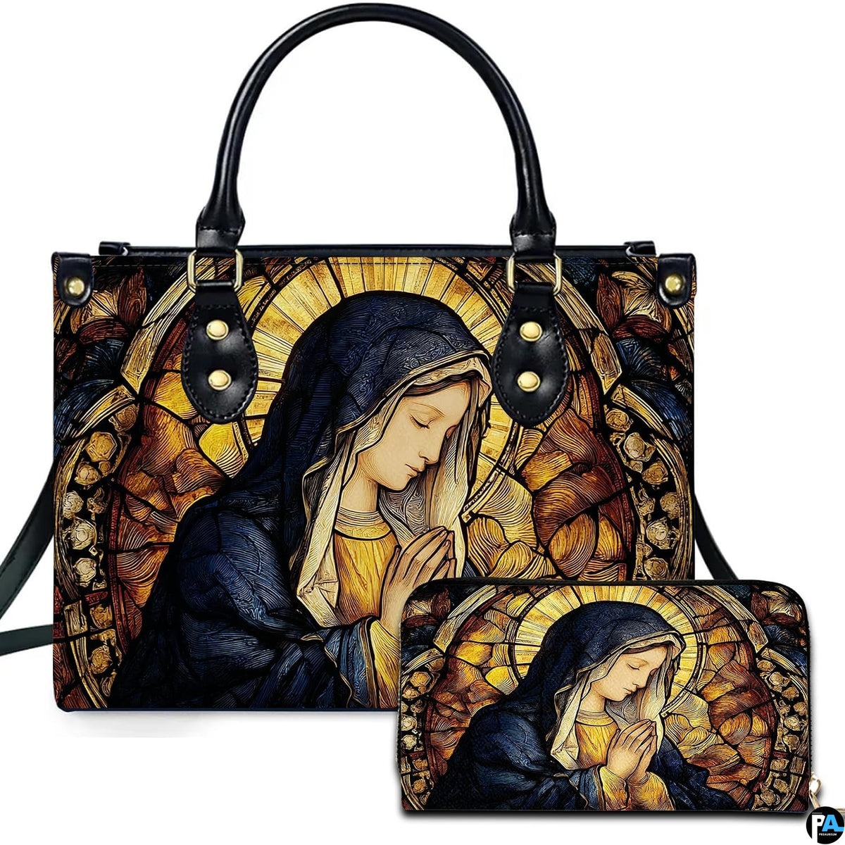 Praying Madonna stained glass handbag and matching wallet showing arched cathedral mosaic halo