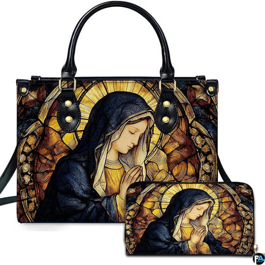Praying Madonna stained glass handbag and matching wallet showing arched cathedral mosaic halo