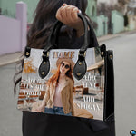 Handbag with autumn cafe woman portrait held outdoors against neutral street background.