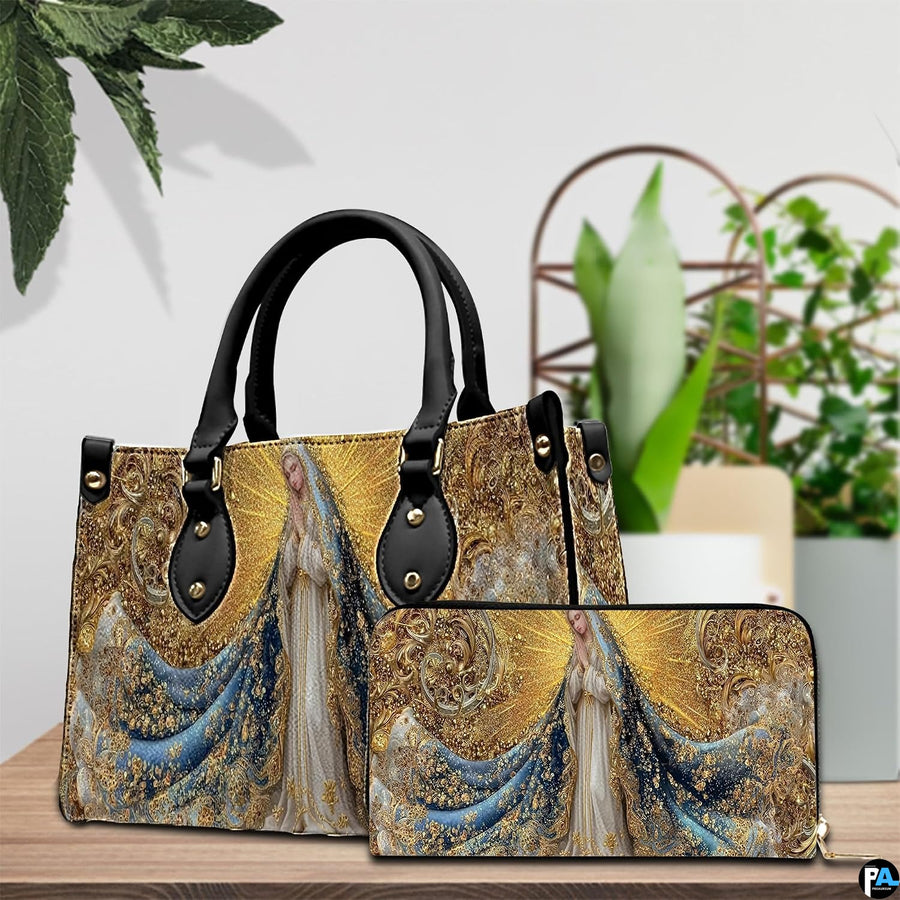 Bottom view displaying flat base and protective studs of the religious handbag.