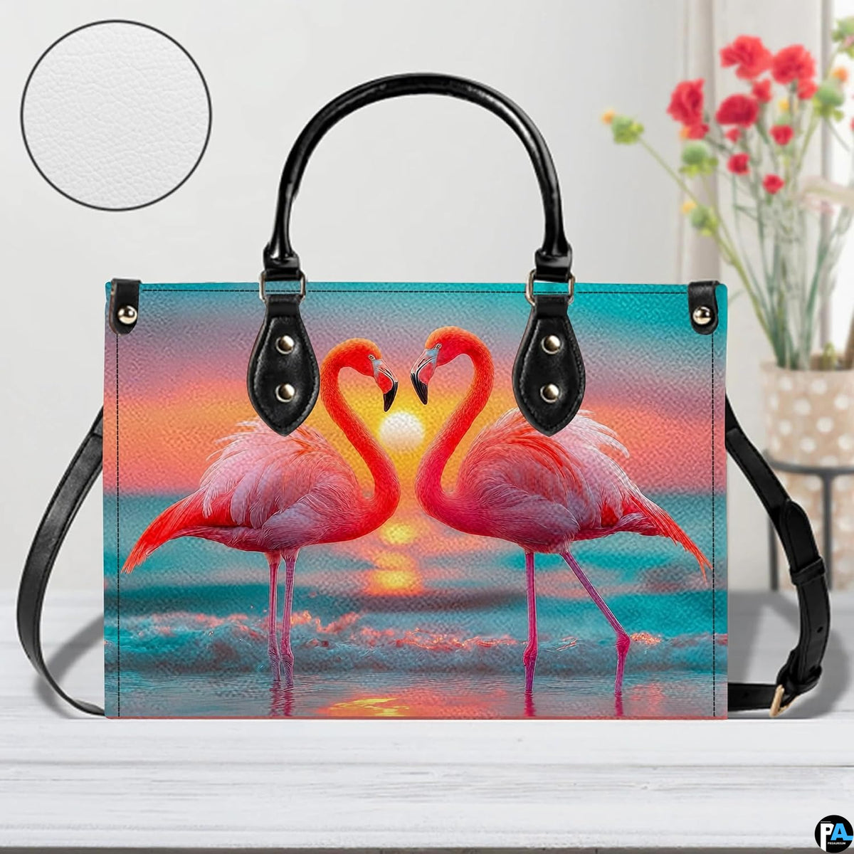 Street perspective of the colorful flamingo sunset shoulder bag.