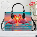 Street perspective of the colorful flamingo sunset shoulder bag.