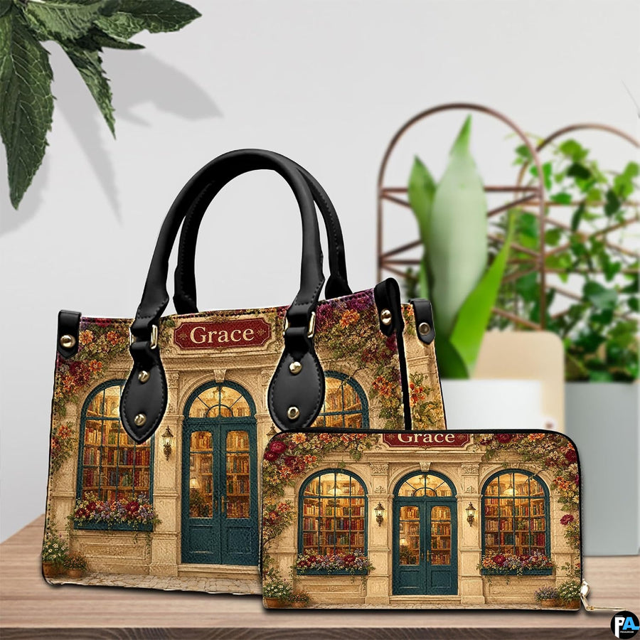 Tabletop coordinated view displaying synchronized neoclassical bookstore illustrations across both matching items