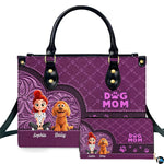 Front view of purple western floral dog lover handbag and matching wallet set with cartoon girl and puppy
