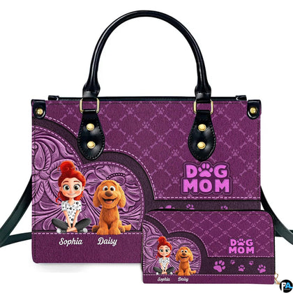 Front view of purple western floral dog lover handbag and matching wallet set with cartoon girl and puppy