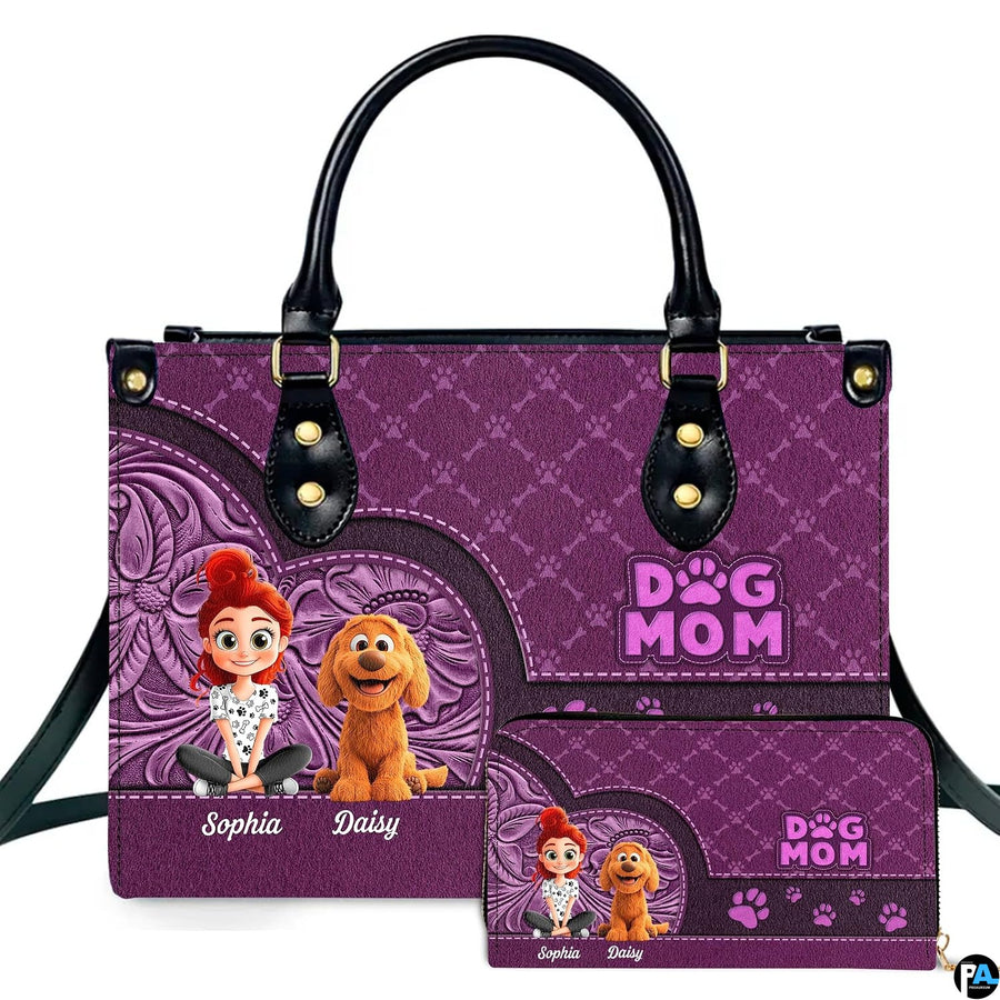 Front view of purple western floral dog lover handbag and matching wallet set with cartoon girl and puppy