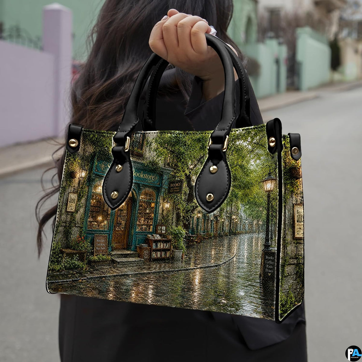 Macro close-up highlighting fine artistic details in wet cobblestones, glowing street lamps, and window displays